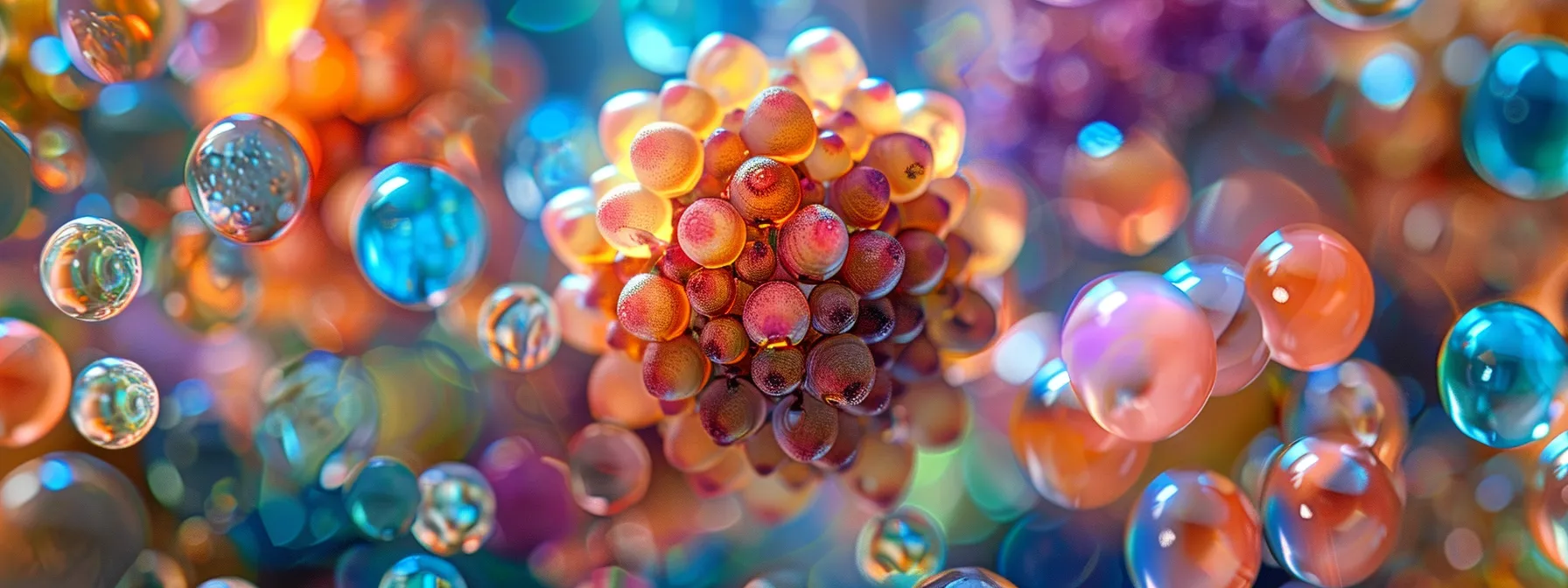 a magnified view of a one mukhi rudraksha seed surrounded by colorful enzyme molecules, illustrating the intersection of traditional beliefs and scientific analysis in holistic therapy.