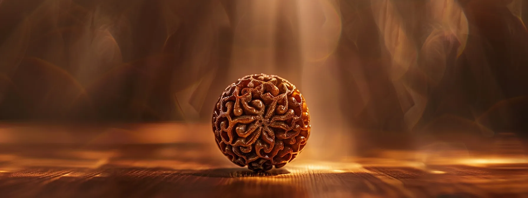 a magnified view of a six mukhi rudraksha bead revealing intricate details under bright lighting.