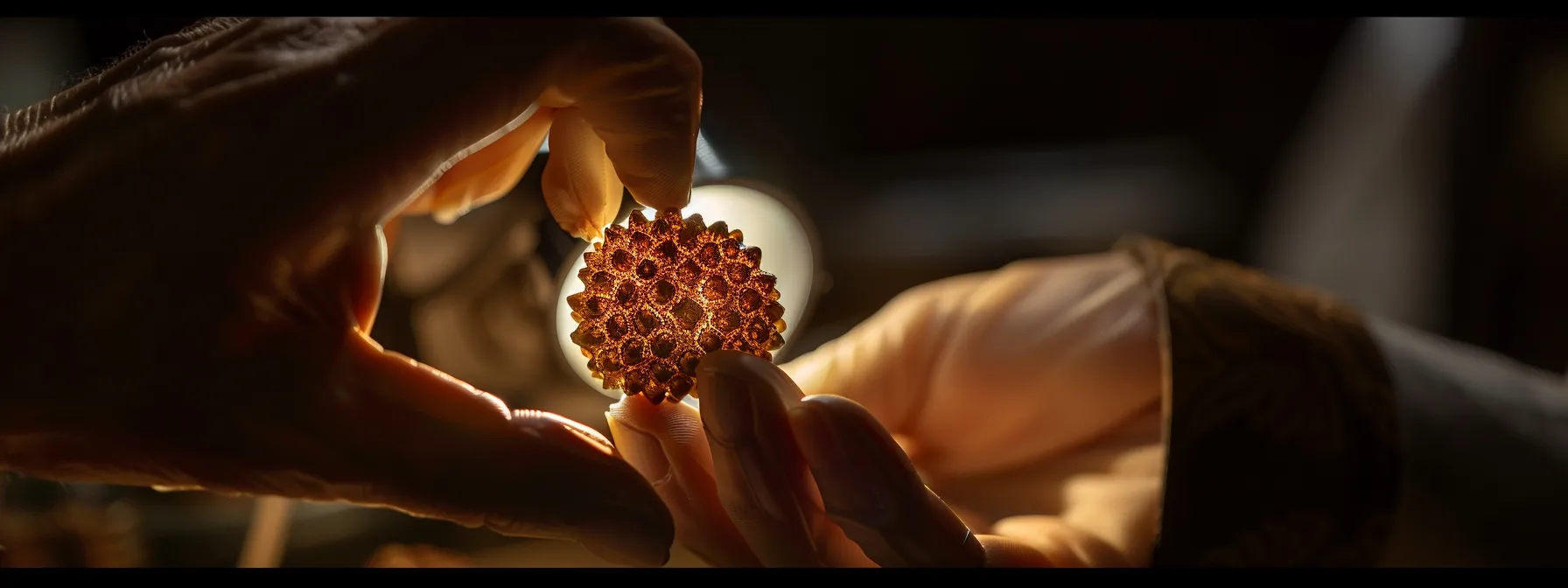 a magnified view of an intricately detailed eighteen mukhi rudraksha being examined under a bright light for authenticity.