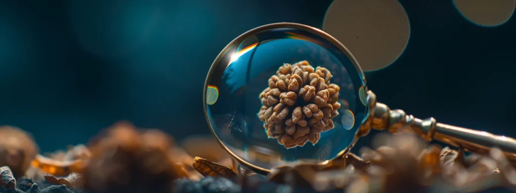 a magnifying glass hovering above a rare, intricate eighteen mukhi rudraksha bead, showcasing its ancient and mystical origins.