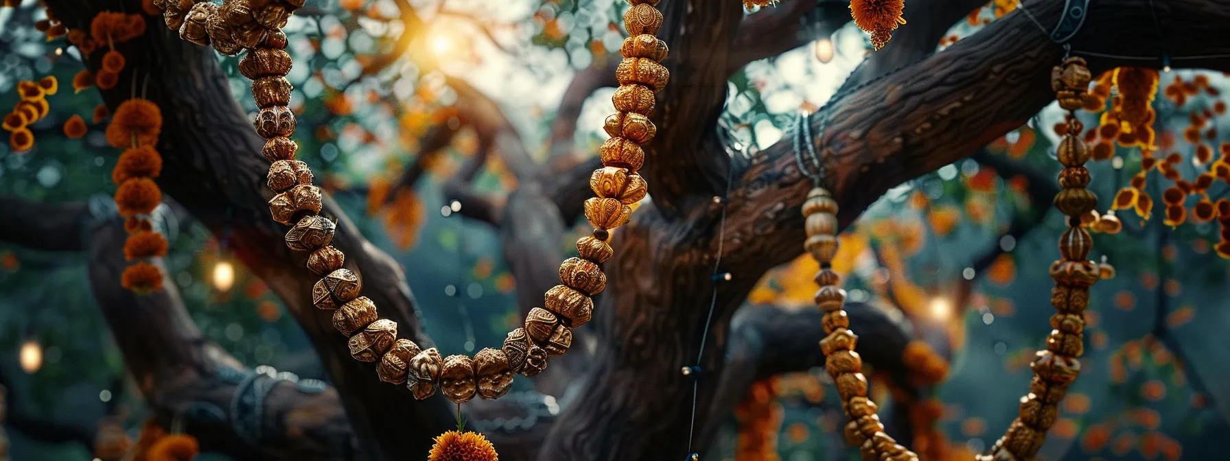 a majestic rudraksha tree with intricate prayer beads hanging from its branches, symbolizing its cultural and mythological significance.