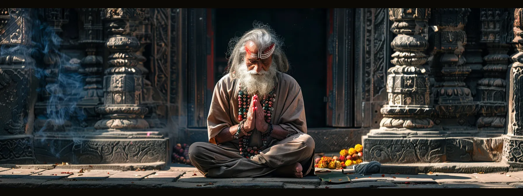 a man deeply immersed in prayer, surrounded by the divine energy of the eleven mukhi rudraksha beads, seeking wisdom and purification at the sacred pashupatinath temple.