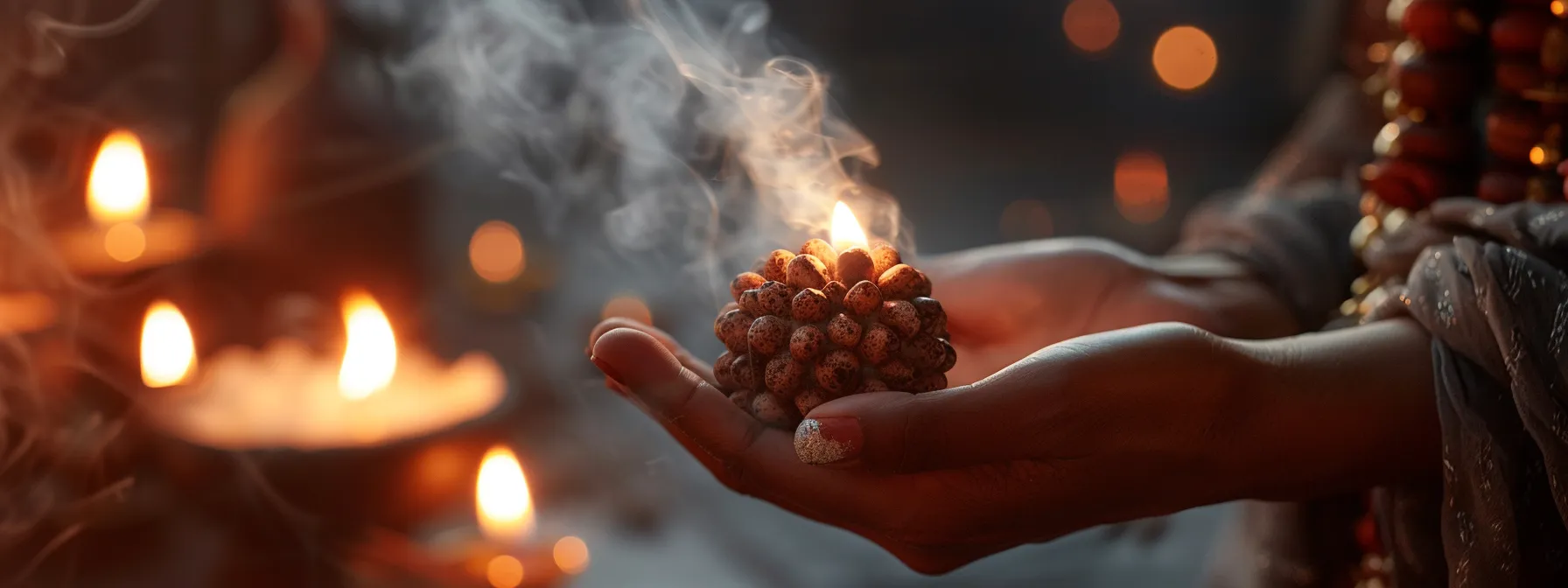 a meditator holding a gleaming sixteen mukhi rudraksha bead, surrounded by flickering candlelight and fragrant incense smoke.