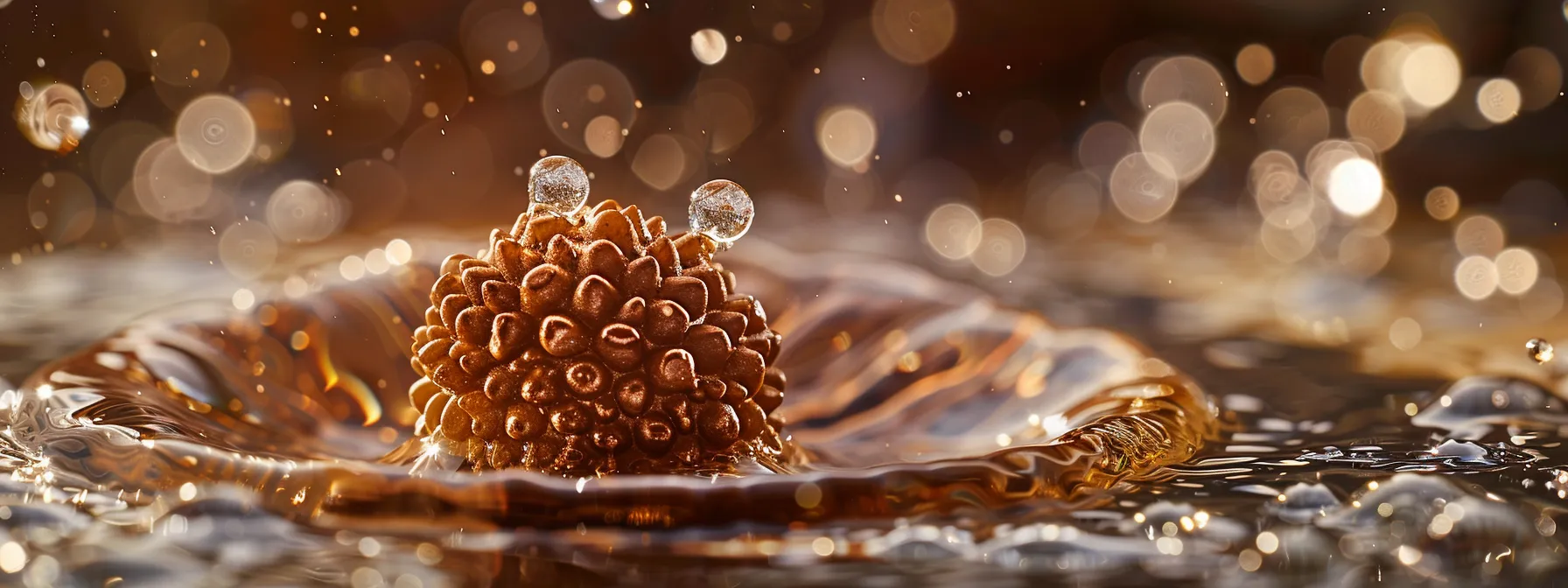 a mesmerizing eight mukhi rudraksha bead glistening under soft light, surrounded by droplets of lukewarm water, waiting to be gently scrubbed and cleansed.