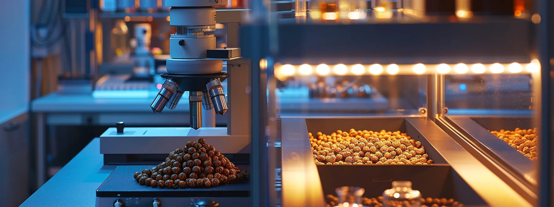 a modern laboratory with high-tech equipment analyzing the intricate patterns of rudraksha beads, showcasing the intersection of tradition and science.