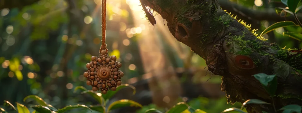 a mystical forest setting with rays of sunlight highlighting a sacred thirteen mukhi rudraksha suspended from a tree branch.