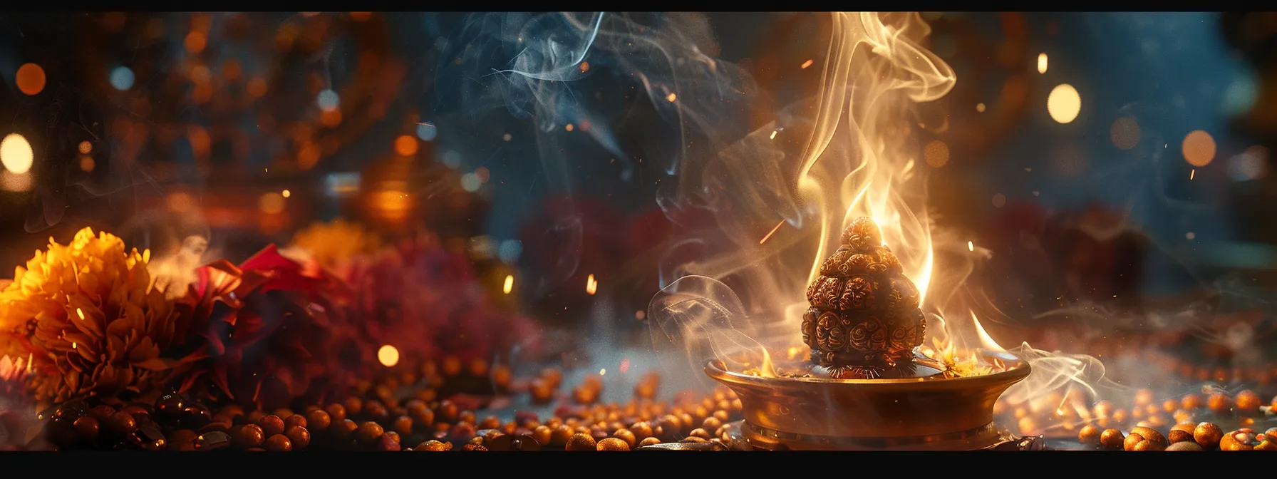 a mystical ritual ceremony featuring the three mukhi rudraksha bead surrounded by flickering flames and incense smoke.