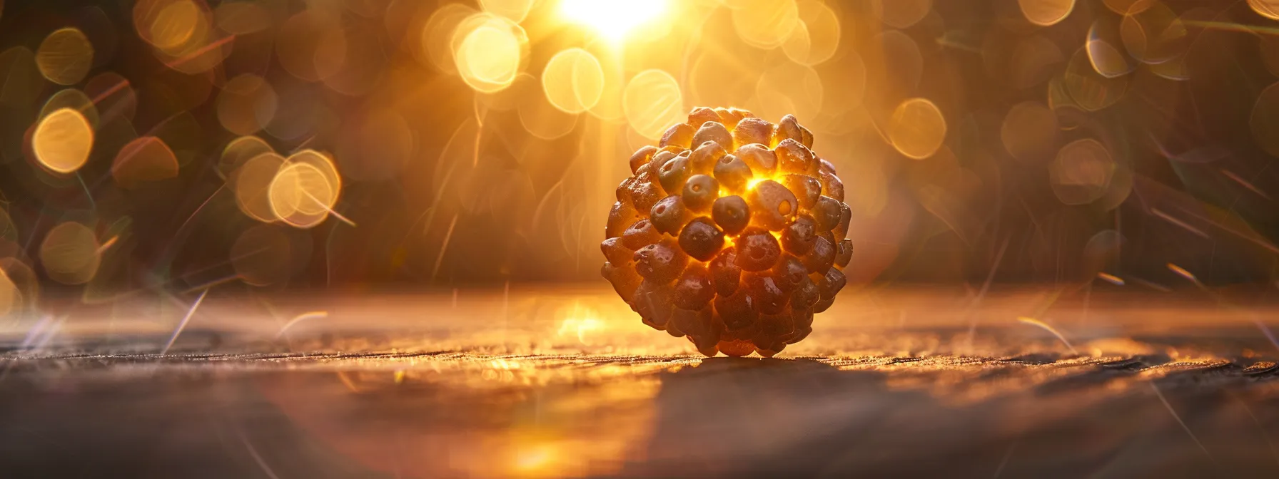 a mystical six mukhi rudraksha glowing with ancient energies, radiating protection and empowerment.