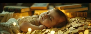 a newborn baby resting peacefully on a bed of golden coins and surrounded by stacks of books, symbolizing the potential for success and wealth from birth.