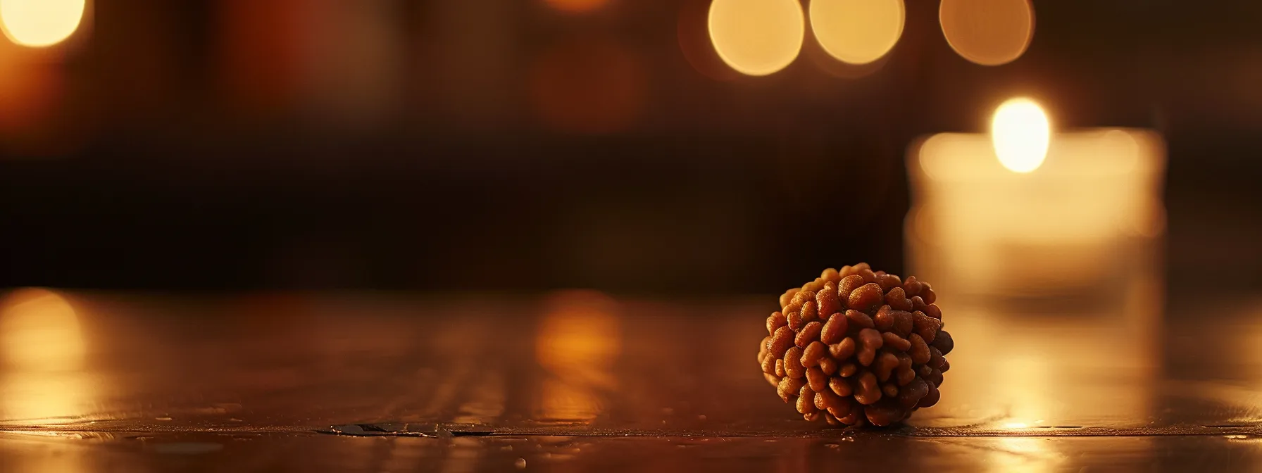 a nineteen mukhi rudraksha bead glowing under the soft light of a candle during a meditation session for re-energizing after cleaning.