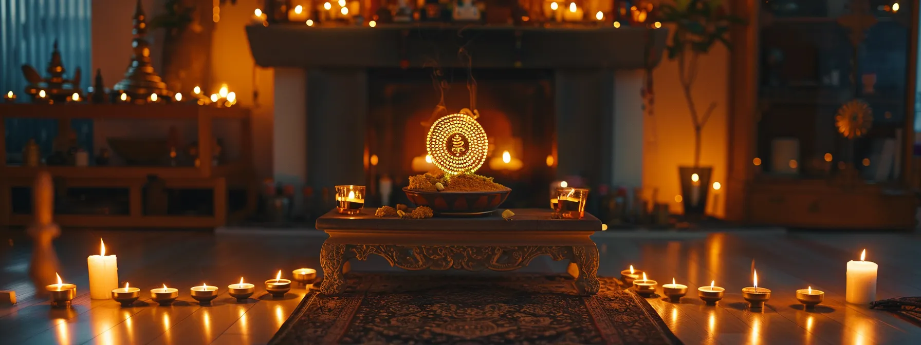 a peaceful altar with a glowing five mukhi rudraksha bead surrounded by candles and incense, creating a serene and sacred atmosphere for mantra chanting.