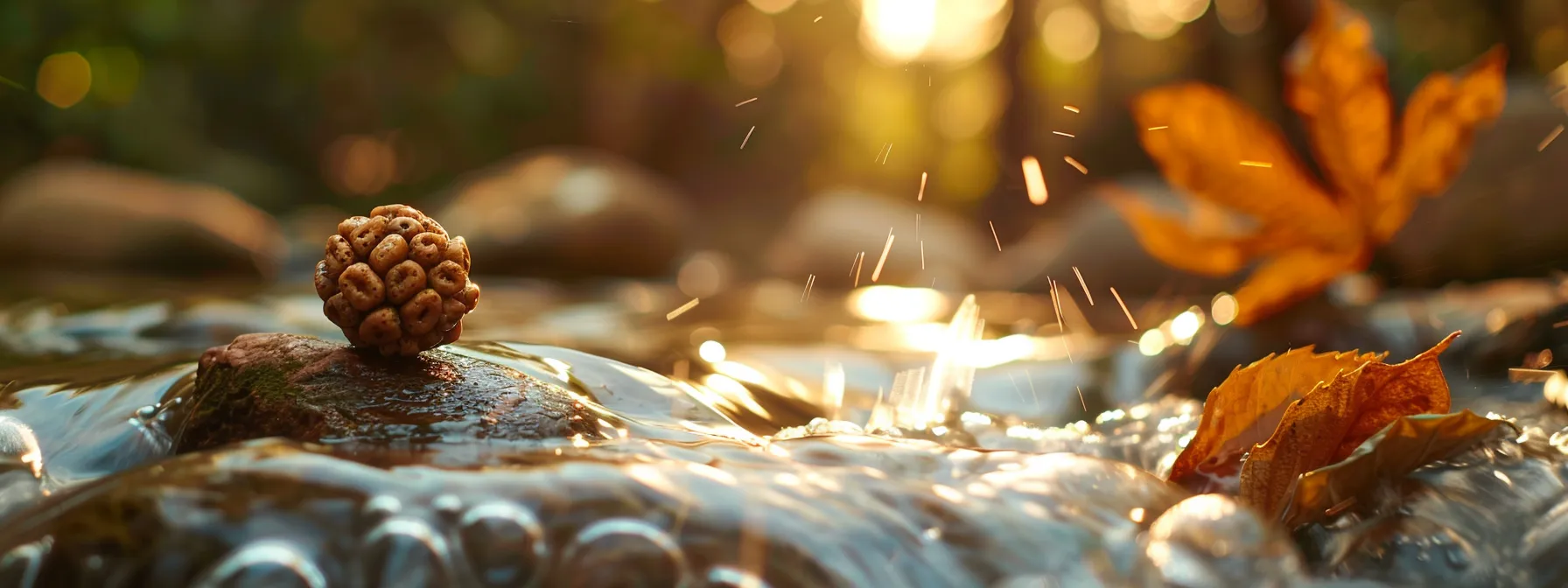 a peaceful and serene image of a person wearing a one mukhi rudraksha bead, surrounded by calming natural elements like flowing water and gentle sunlight.