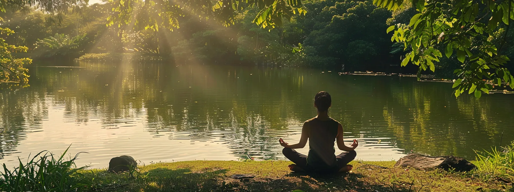 a peaceful figure meditating by a serene lake, surrounded by lush greenery, practicing breathing exercises to enhance heart coherence.