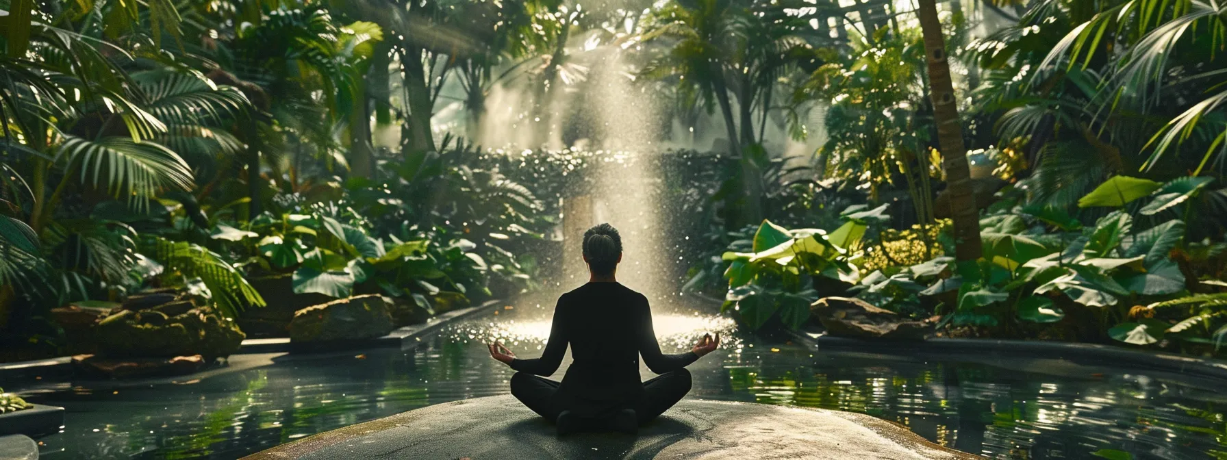 a peaceful individual meditating in a serene natural setting, surrounded by vibrant greenery and calming water features, embodying deep heart coherence and emotional balance.