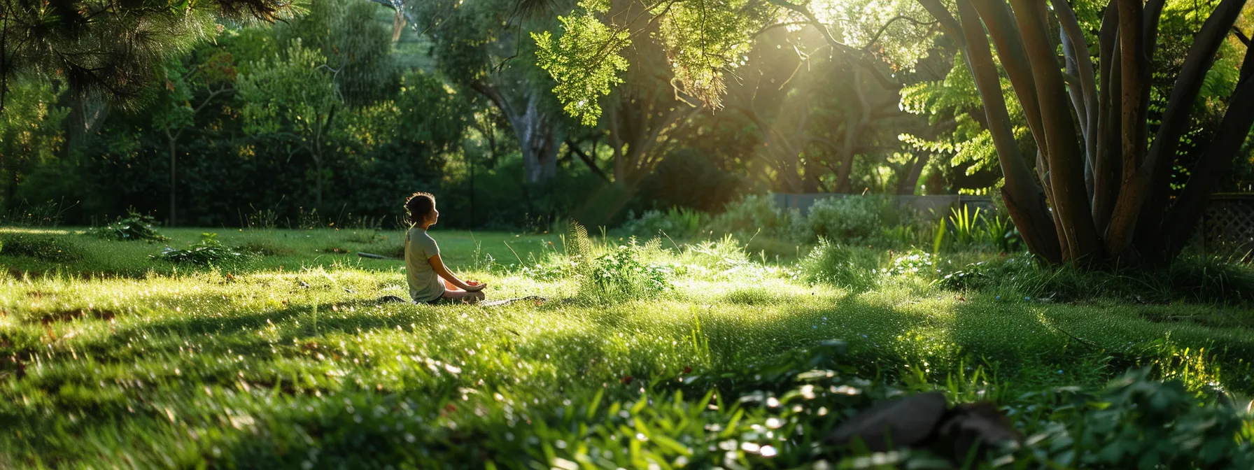 a peaceful individual practicing the quick coherence technique in a serene natural setting, surrounded by calming greenery and gentle sunlight.