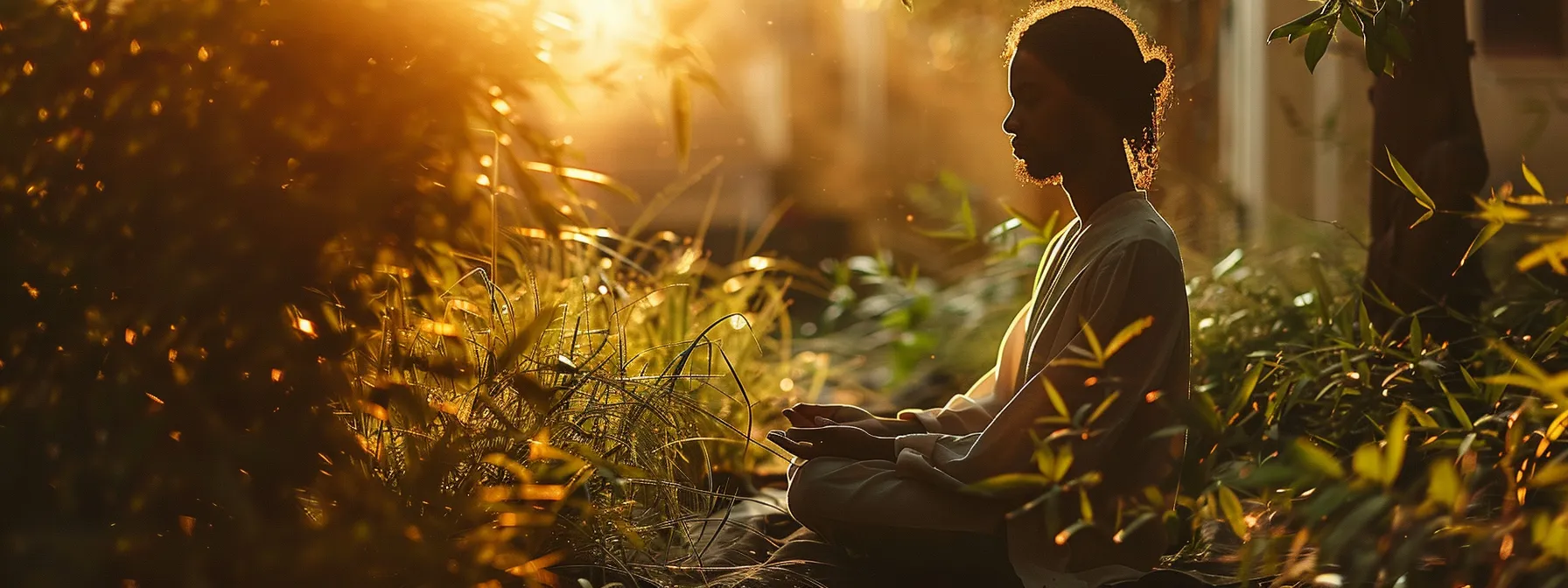 a peaceful individual sitting cross-legged with a serene expression, surrounded by vibrant greenery and basking in the warm sunlight.