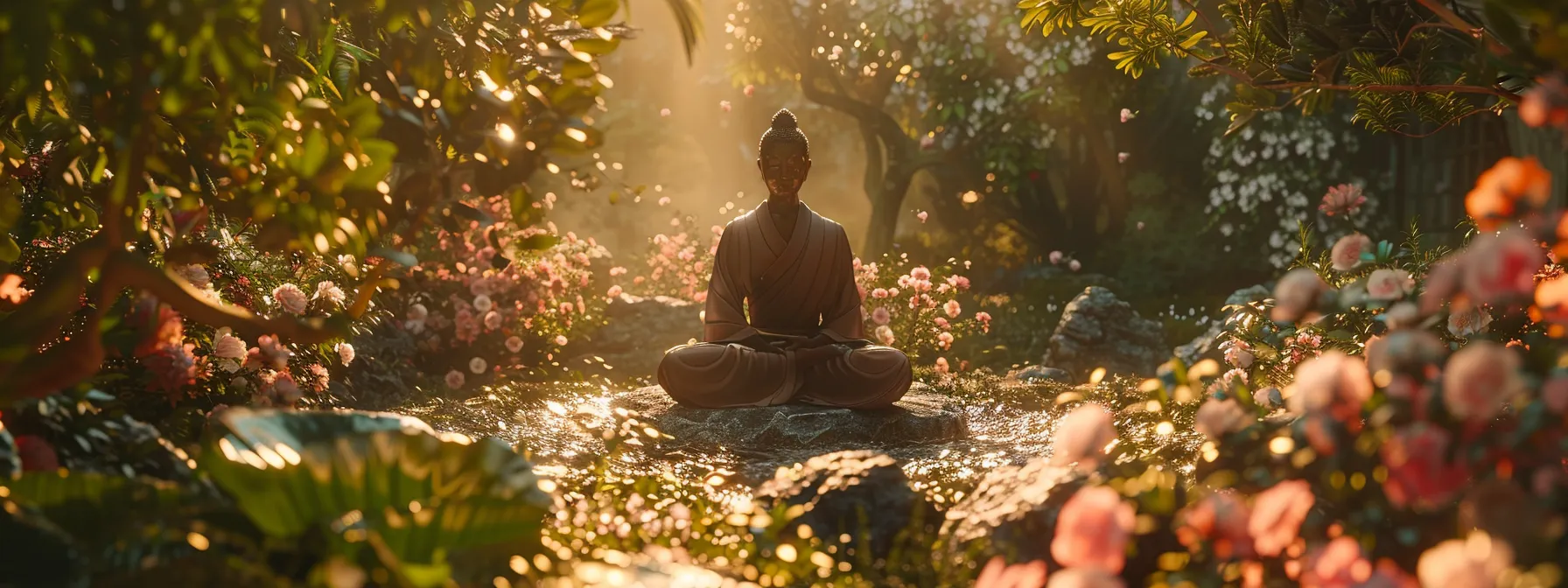 a peaceful individual sitting cross-legged in a serene natural setting, surrounded by blooming flowers and gentle sunlight, engaging in heart coherence meditation.