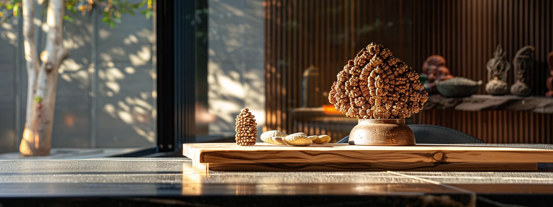 a peaceful meditation corner with a three mukhi rudraksha prominently displayed on a wooden altar.