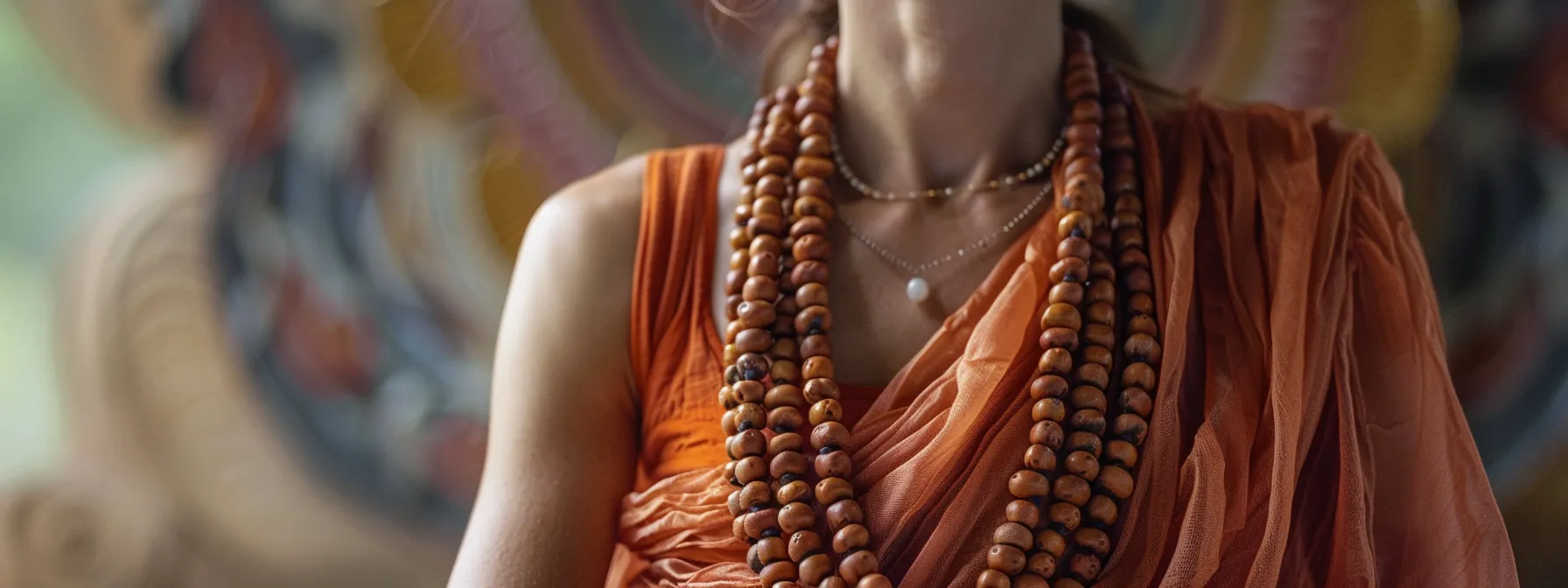 a peaceful meditator wearing a five mukhi rudraksha necklace, surrounded by calming vibrations and divine energies, radiating inner peace and emotional balance.