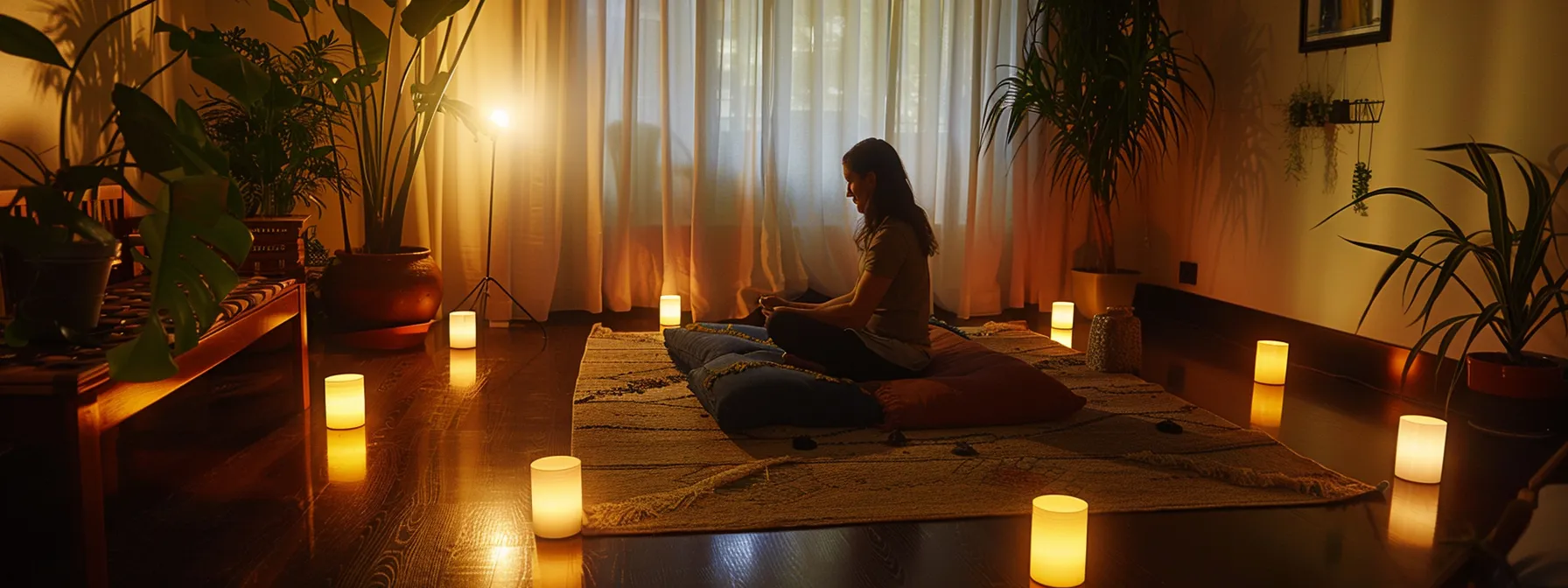 a peaceful, serene room with a knowledgeable psych-k facilitator guiding a client through a session, surrounded by gentle candlelight and soothing music.