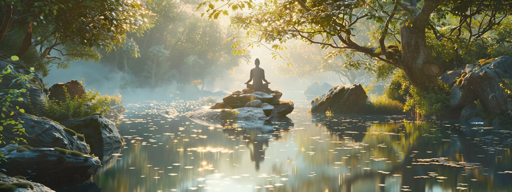 a peaceful, tranquil setting with a figure practicing heartmath techniques, surrounded by serene nature.