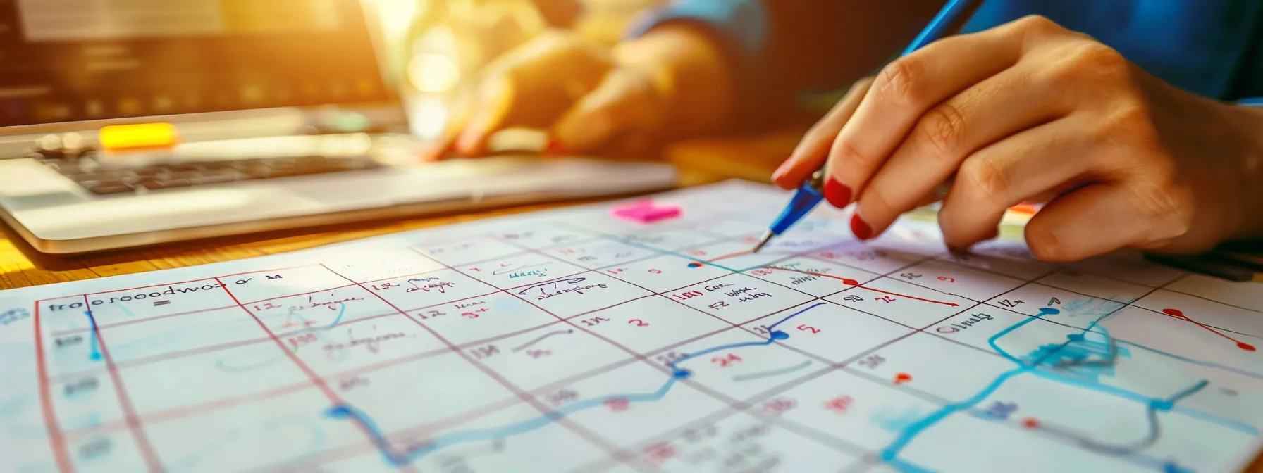 a person at a desk with a calendar, financial documents, and a laptop, strategically planning and managing their time for wealth building success.