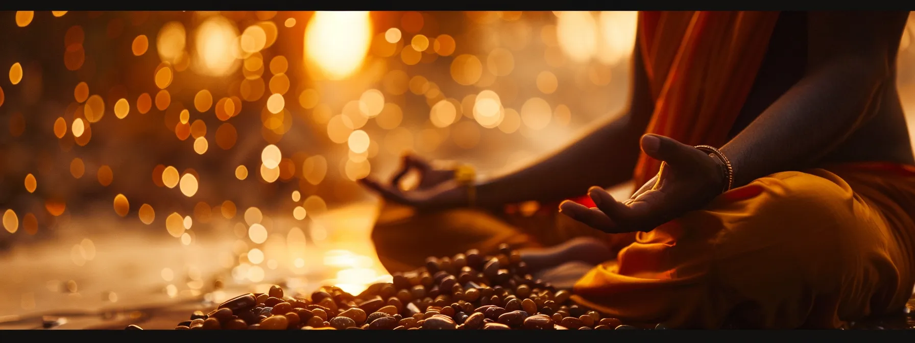 a person bathed in golden light, deeply meditating with a serene expression, surrounded by a glowing one mukhi rudraksha beads.