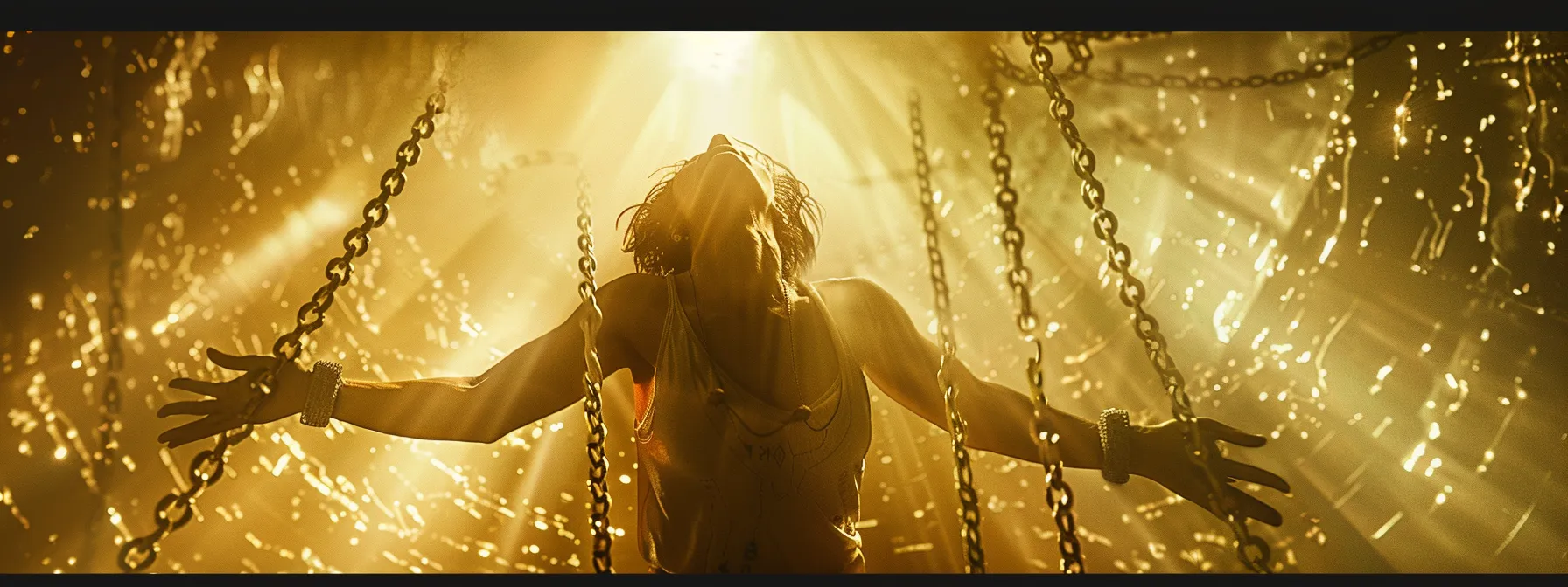 a person breaking free from chains symbolizing limiting beliefs, surrounded by rays of light representing personal empowerment and spiritual growth with a peaceful expression on their face.