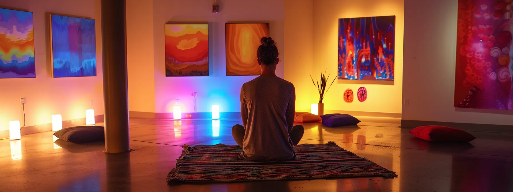 a person calmly practicing heartmath techniques in a serene art therapy studio, surrounded by colorful artwork and soothing music.