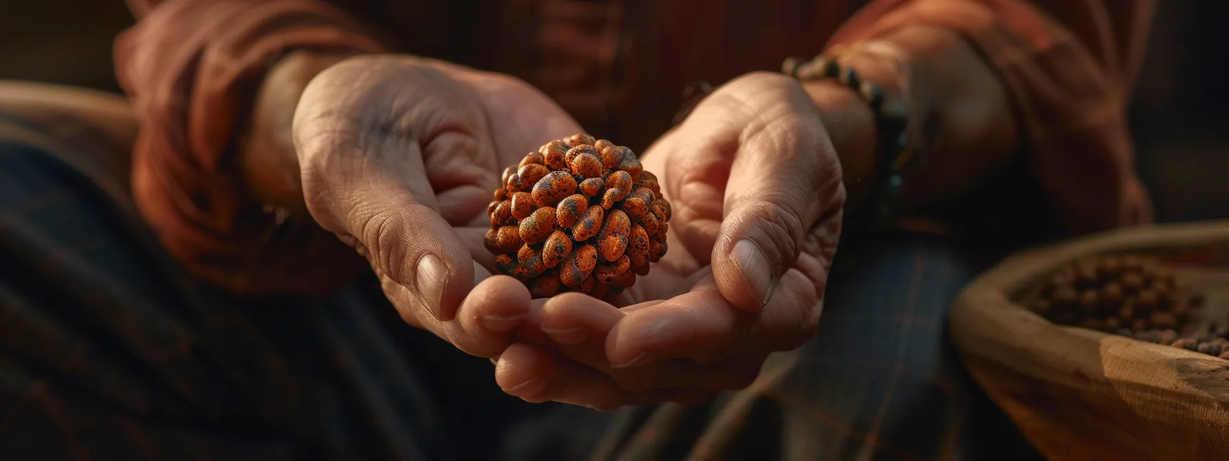 a person carefully examining a lustrous, intricately textured ten mukhi rudraksha bead under a bright light to ensure its authenticity.