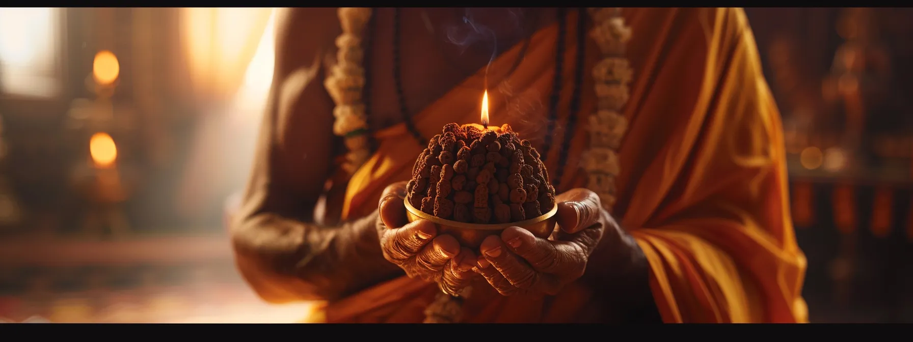 a person chanting ancient mantras while ceremonially wearing a six mukhi rudraksha bead.