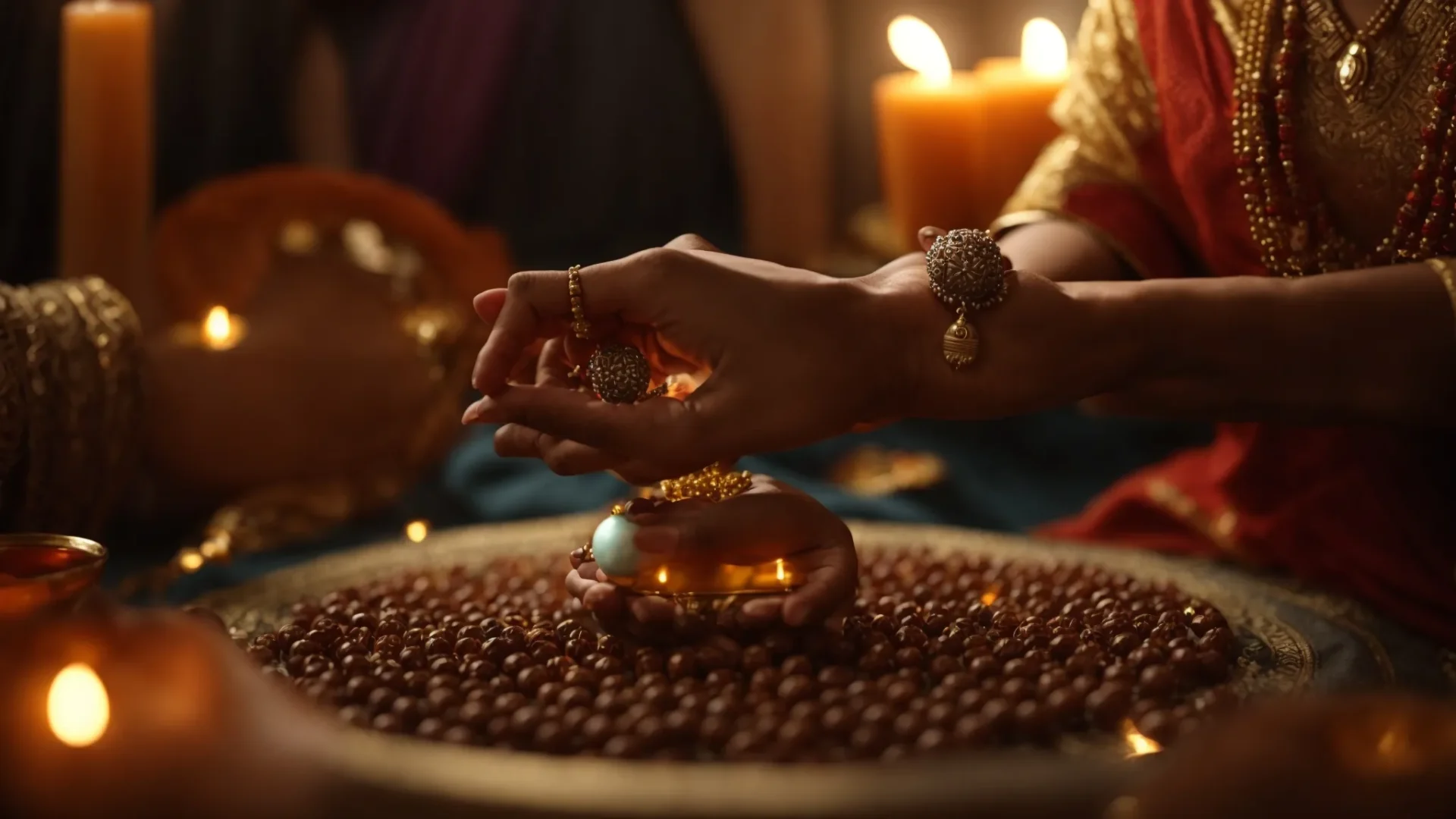 a person clasping a nine mukhi rudraksha bead with hands raised in devotion, surrounded by images of hindu goddesses, preparing for a sacred ritual.