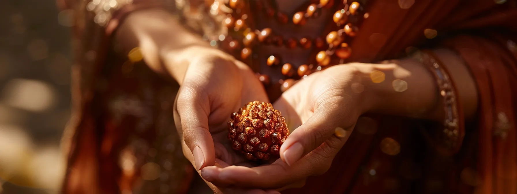 a person clasping a shimmering ten mukhi rudraksha necklace around their neck, bathed in sunlight, radiating a sense of serenity and inner strength.