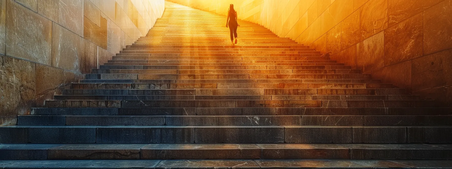 a person climbing a staircase symbolizing overcoming obstacles with determination and focus.