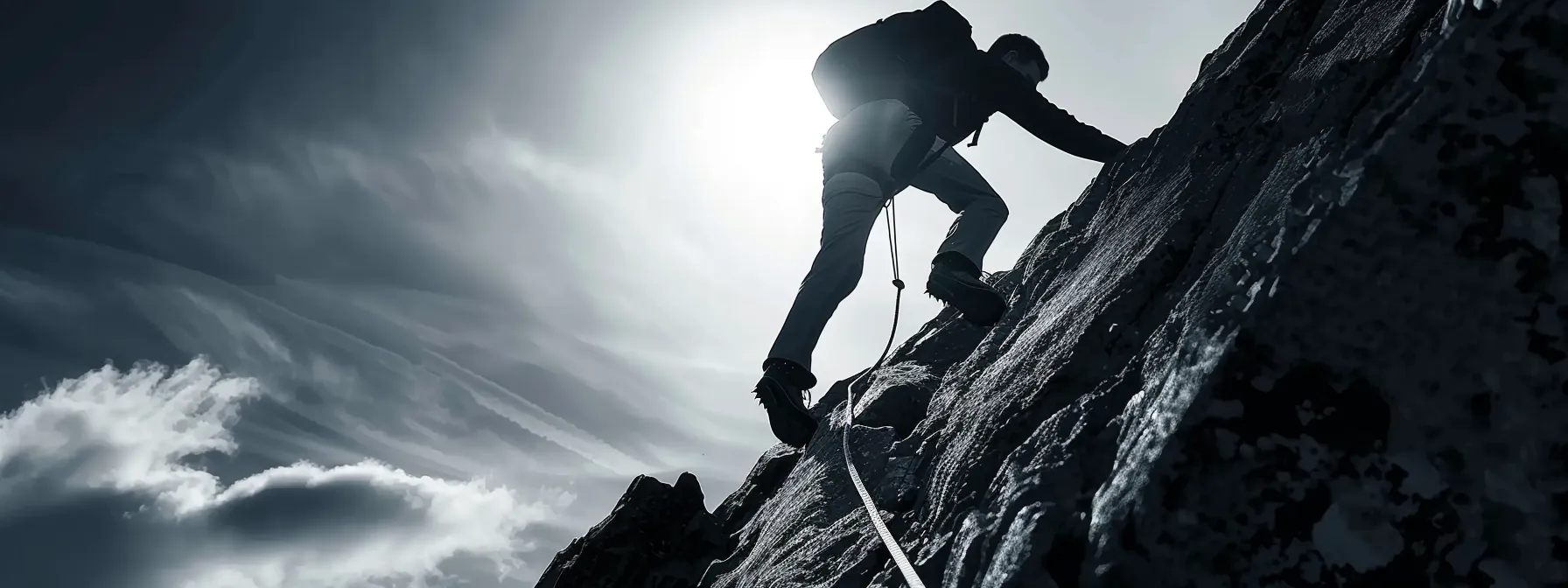 a person climbing a steep mountain, facing obstacles but persistently pushing forward, symbolizing resilience and determination in overcoming financial setbacks.