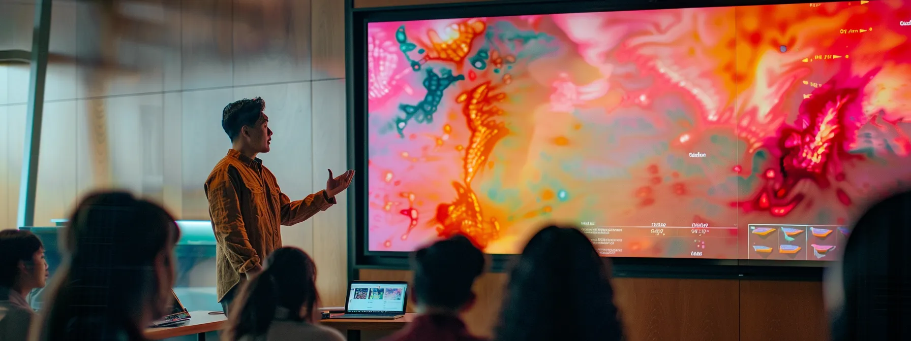 a person confidently leading a group through a workshop, surrounded by colorful visuals and engaged participants.