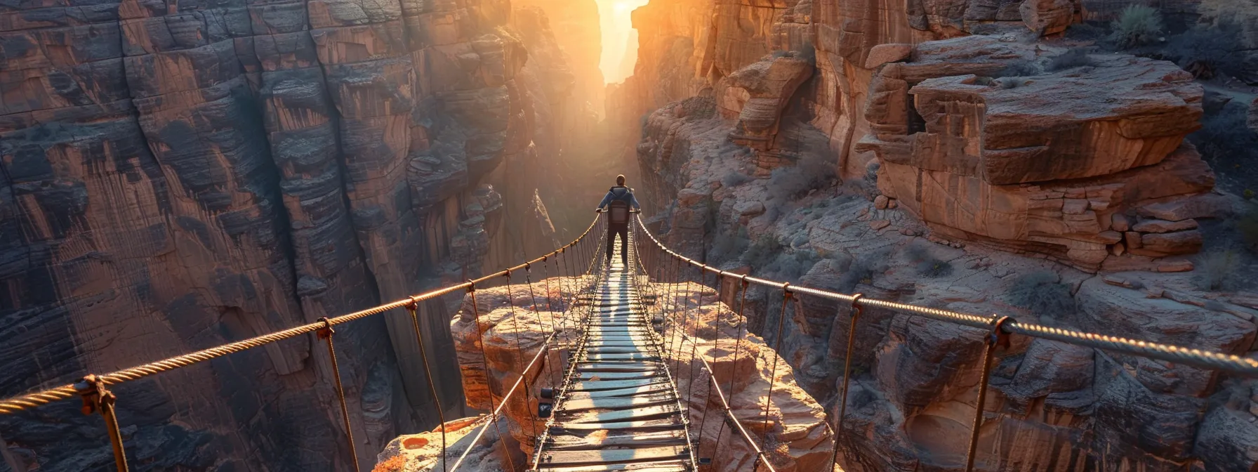 a person confidently navigating a narrow bridge across a vast canyon, symbolizing building unshakable faith in their financial journey.