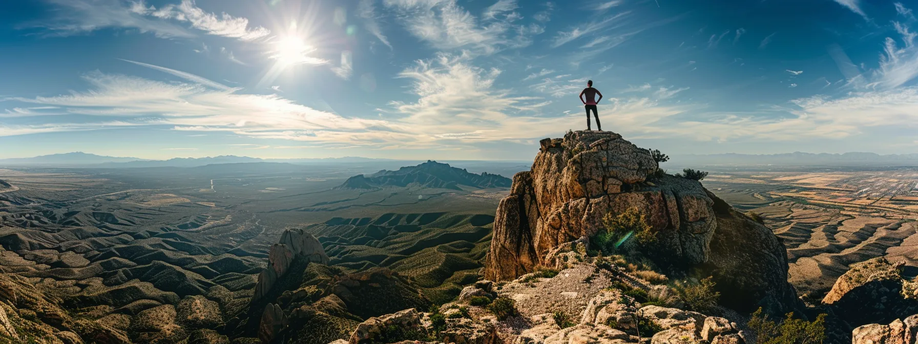 a person confidently standing atop a mountain peak, overlooking a vast landscape of opportunities and abundance.