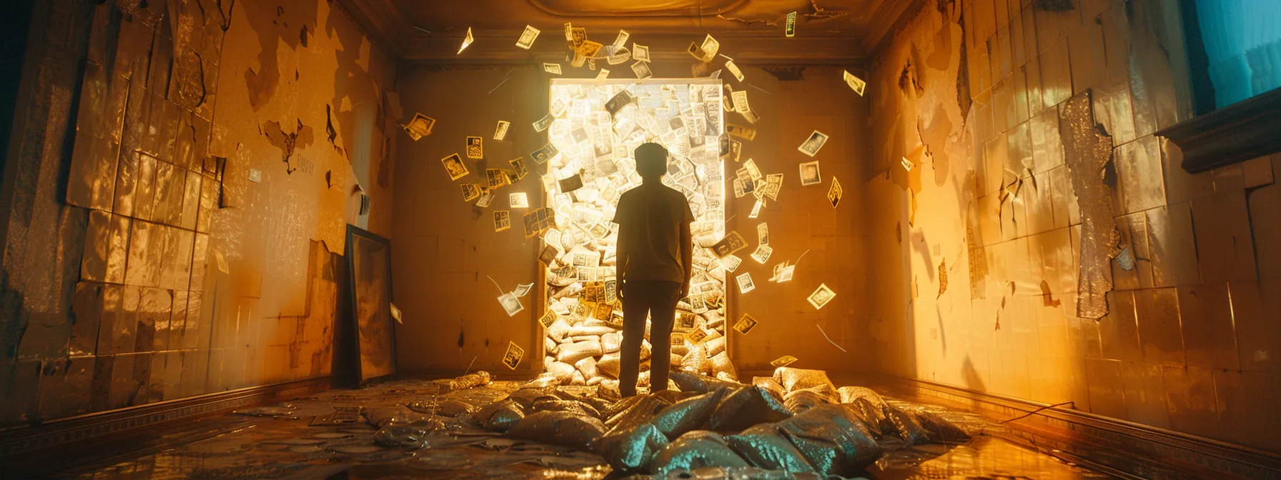 a person confidently standing in front of a mirror, surrounded by overflowing bags of money, symbolizing a transformation from doubt to financial abundance.