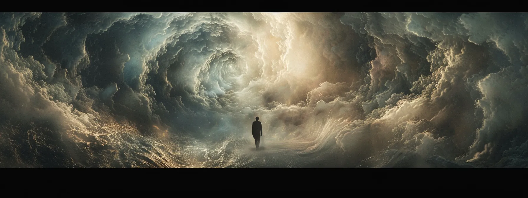 a person confidently stepping forward, surrounded by swirling dark clouds symbolizing fear and doubt, while a beam of light representing intuition shines down on them.