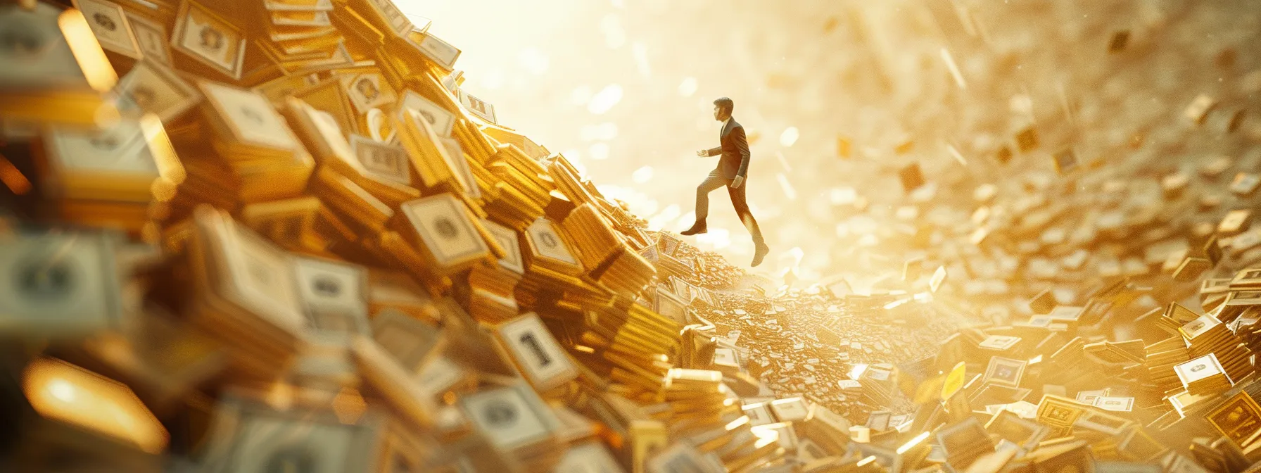 a person confidently stepping over a large pile of financial obstacles, with a determined expression and a clear path ahead towards wealth and success.