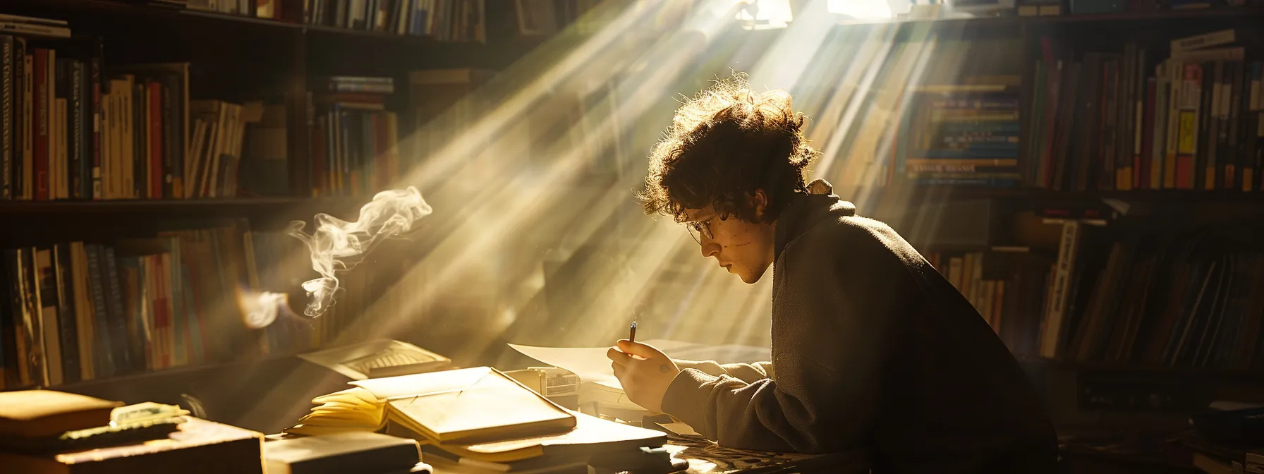 a person deep in thought, surrounded by books and a journal, with a beam of sunlight illuminating their face as they engage in self-reflection and personal development.