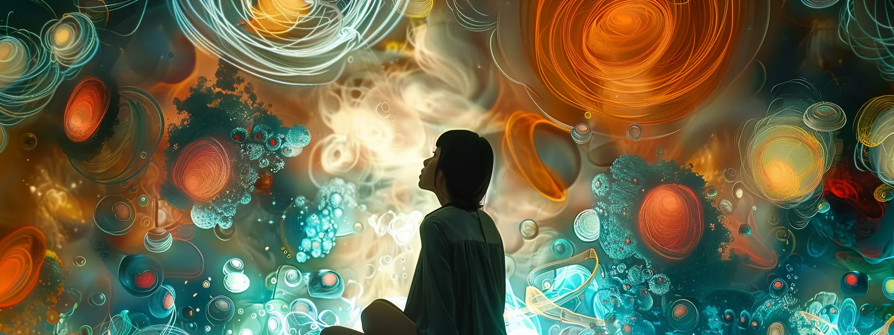 a person deep in thought, surrounded by swirling abstract images representing feelings, attention, and ethics, illustrating intuition's impact on decision-making.