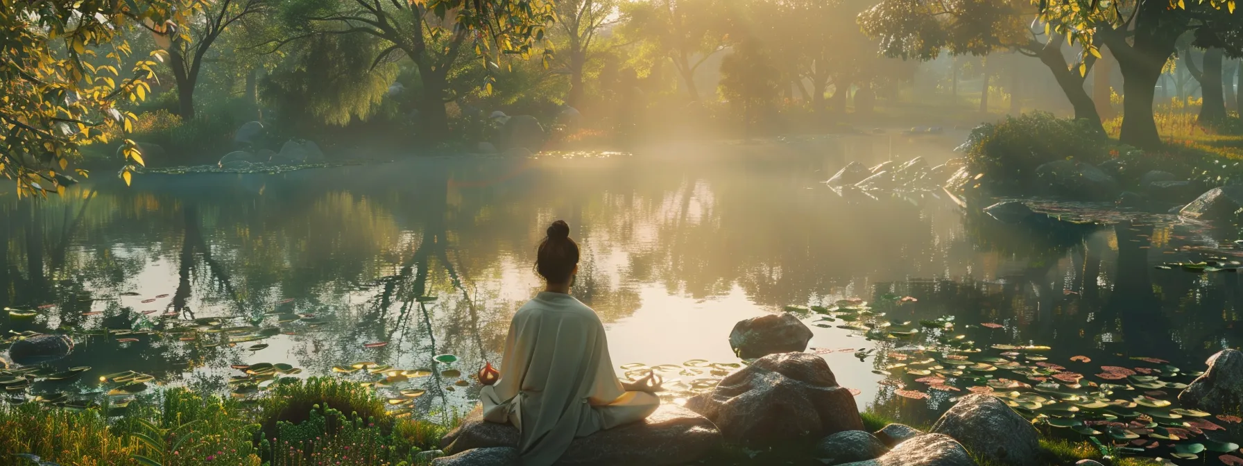 a person deeply immersed in practicing transformational techniques in a serene natural setting.