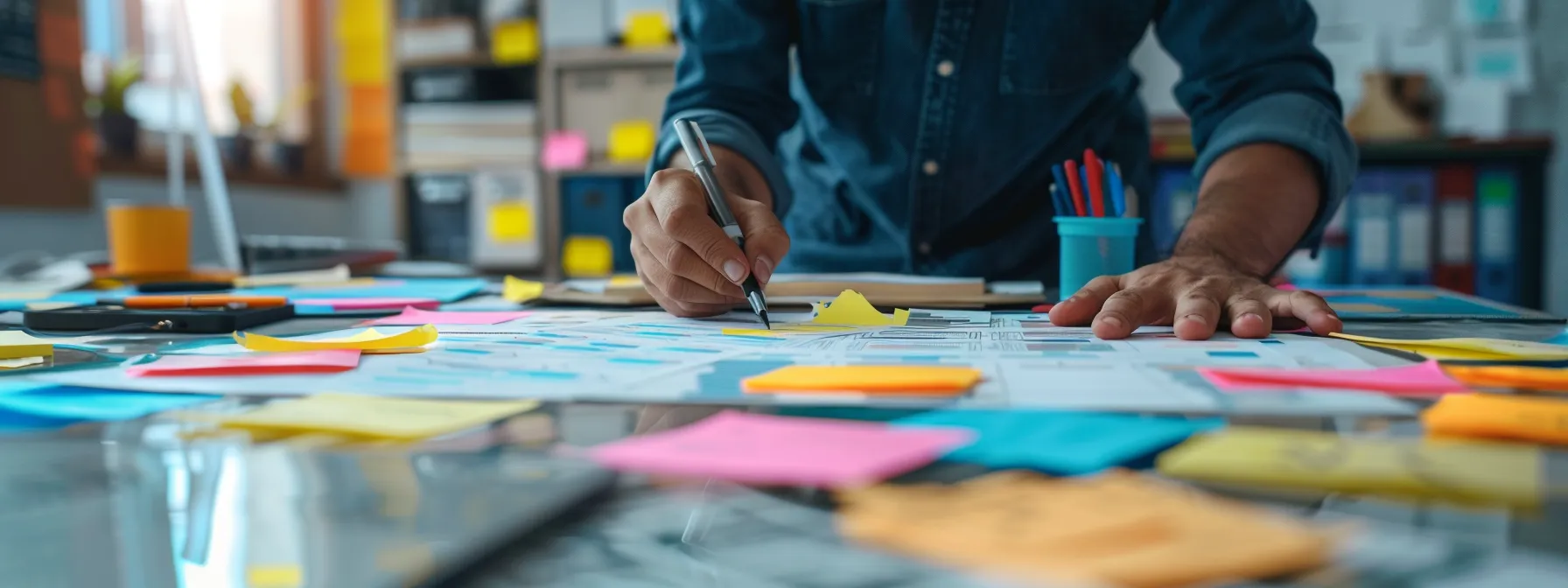 a person diligently organizing a detailed action plan on a clean, clutter-free desk.