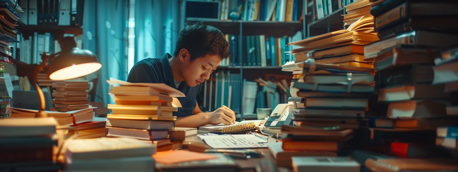 a person diligently tracking their financial goals in a well-organized planner, surrounded by stacks of books on wealth building and success.