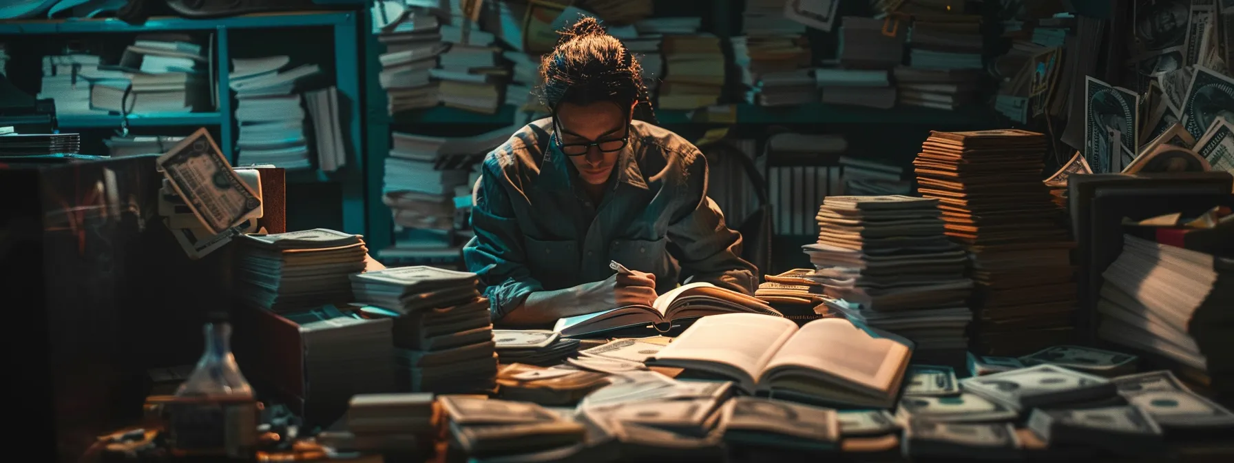 a person engrossed in studying financial books surrounded by stacks of money, a vision board filled with ambitious goals, and a group of diverse individuals offering support and guidance.