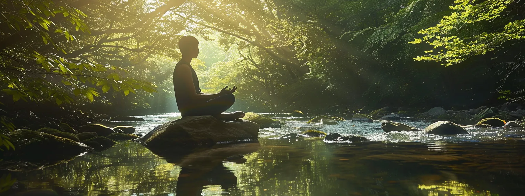 a person finding inner peace and balance in a serene natural setting, releasing stress and anxiety to heal from trauma and ptsd.