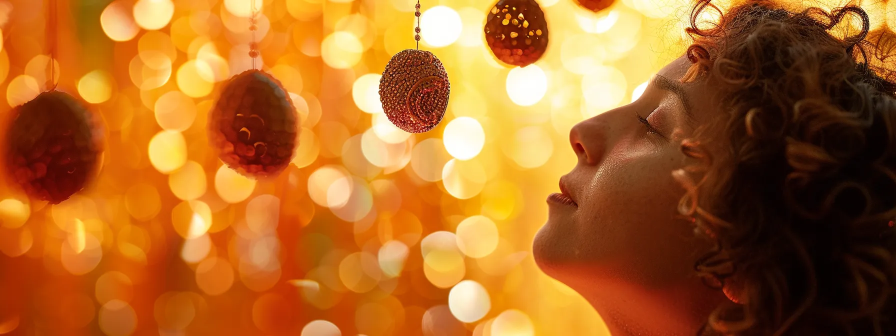 a person gazing in awe at a three mukhi rudraksha suspended in front of a glowing backdrop, radiating a sense of spiritual connection and inner peace.