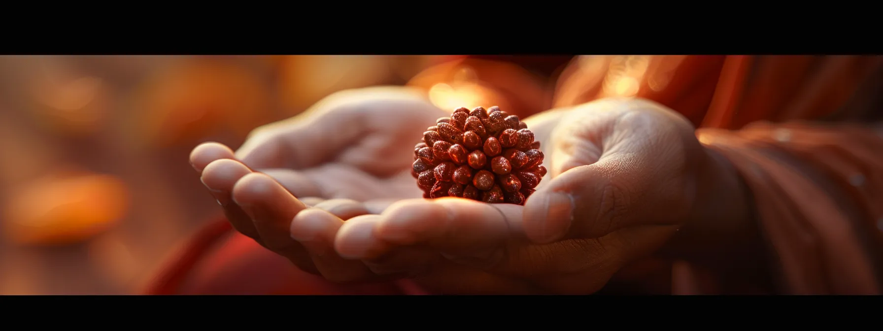 a person gently holding a shimmering twenty mukhi rudraksha bead, exuding a sense of calm and spiritual connection.